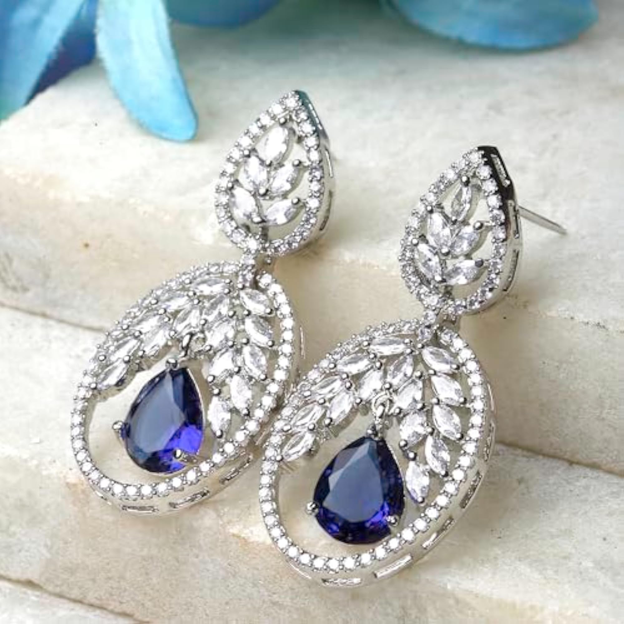 Rhodium-Plated American Diamond Drop Earrings